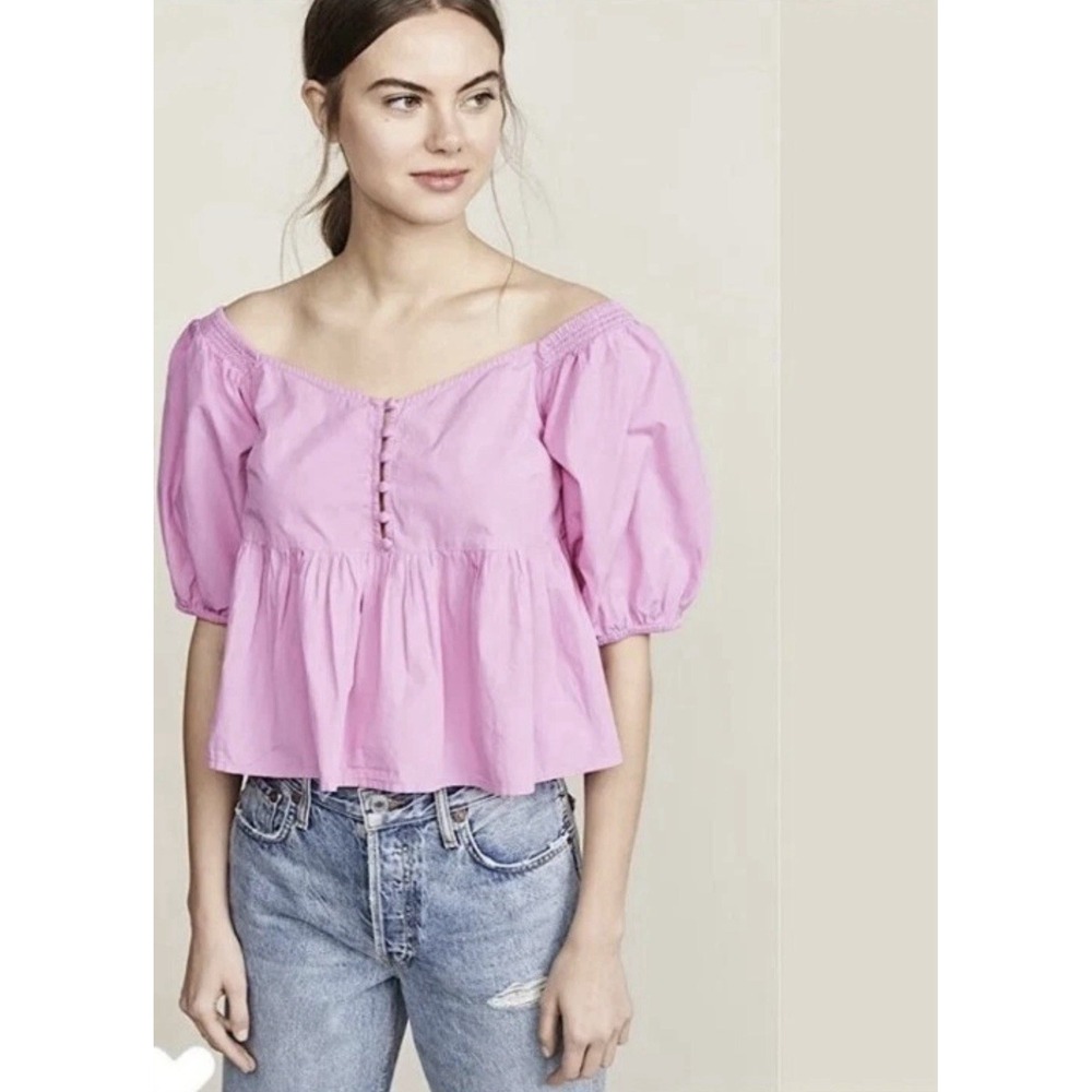 Free People Sz Small Pink Veronica Sweetheart Puff Sleeve Cropped Top Blouse